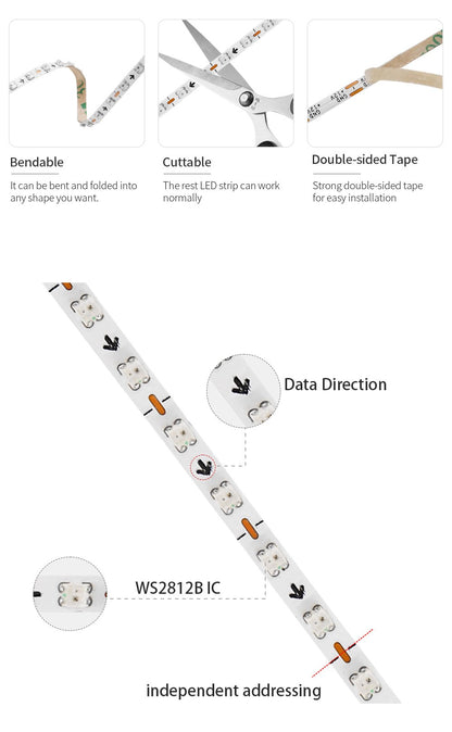 2.7mm WS2812B LED Strip Ultra Narrow 160Leds/M Individually Addressable RGBIC Light Strip Dreamcolor DC5V/12V
