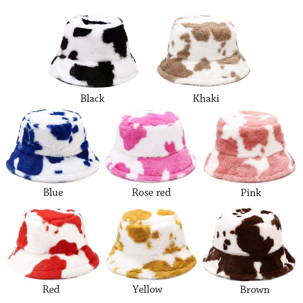 Winter Bucket Hat Women's Fashion Milk Cow Grain Panama Warm Hats Female Vintage Faux Fur Fisherman Cap Hats For Women Casual