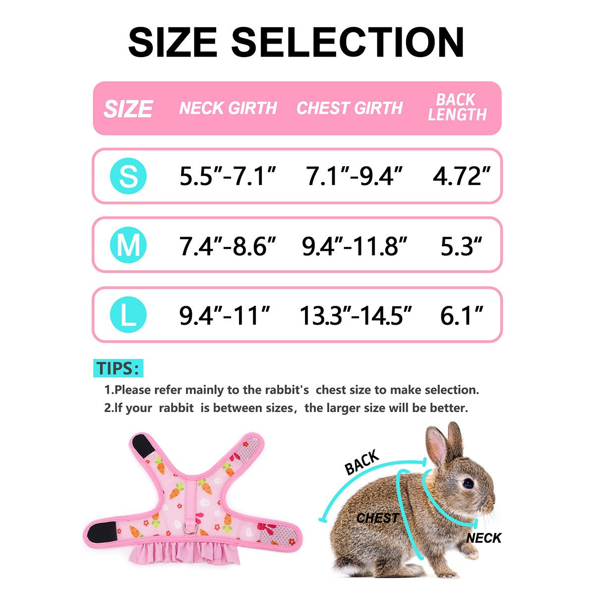 Um conjunto de arnês de peito universal para coelhos de estimação com estampa fofa de rabanete e coleira de tração para uso externo