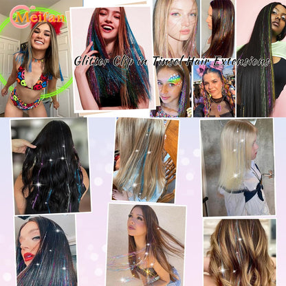12 Peças/conjunto de Extensões de Cabelo Colorido com Glitter, Presilha de Cabelo Sintética Brilhante e Cintilante, Acessórios de Cabelo para Festas