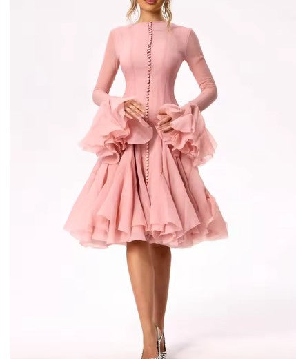 Solid Women Layered Ruffles Midi Dress Fashion Irregular Pleated A-line Long Sle