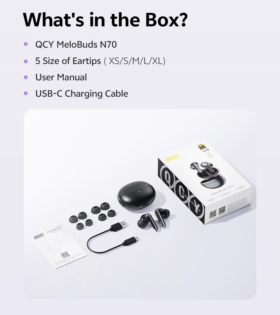 QCY MeloBuds N70 Adaptive ANC Wireless Earbuds Bluetooth 6.0 LDAC Hi-Res Audio 6 Mics Wireless Charging Earphones 50Hrs IPX5