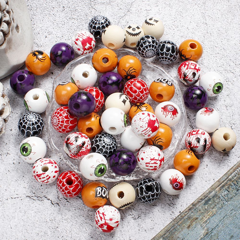 10pcs 16mm Wooden Spacer Beads Halloween Print Spider Eye Witch Bloodstain Ghost Face Mask Beads For Making Bracelet Necklace