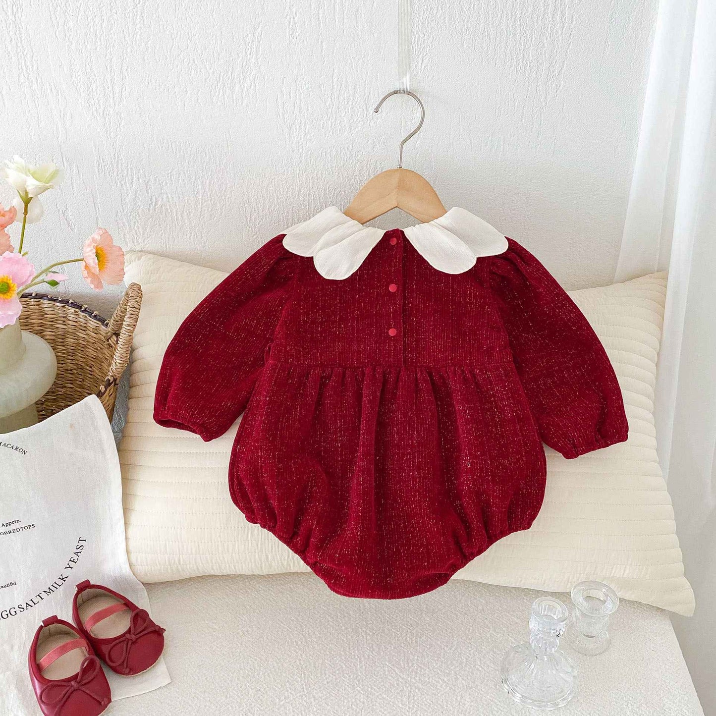 Newborn Christmas Red Clothes Autumn Kids Baby Girls Sweet Petal Collar Princess Rompers Infant New Baby Girls Rompers Clothes