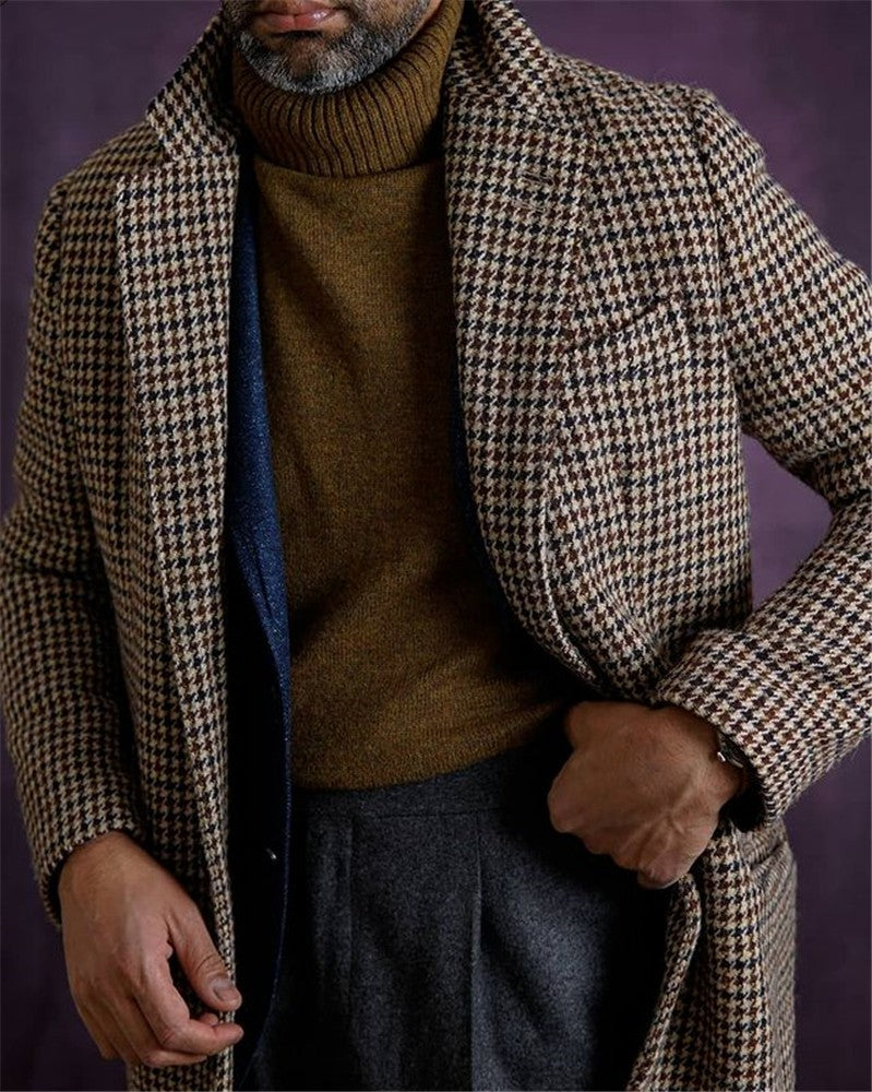 Plaid Men's Overcoat Woolen Warm England Style Double Breasted Thick Loose Mid-Length Casual Trench Winter Coat Male Jacket