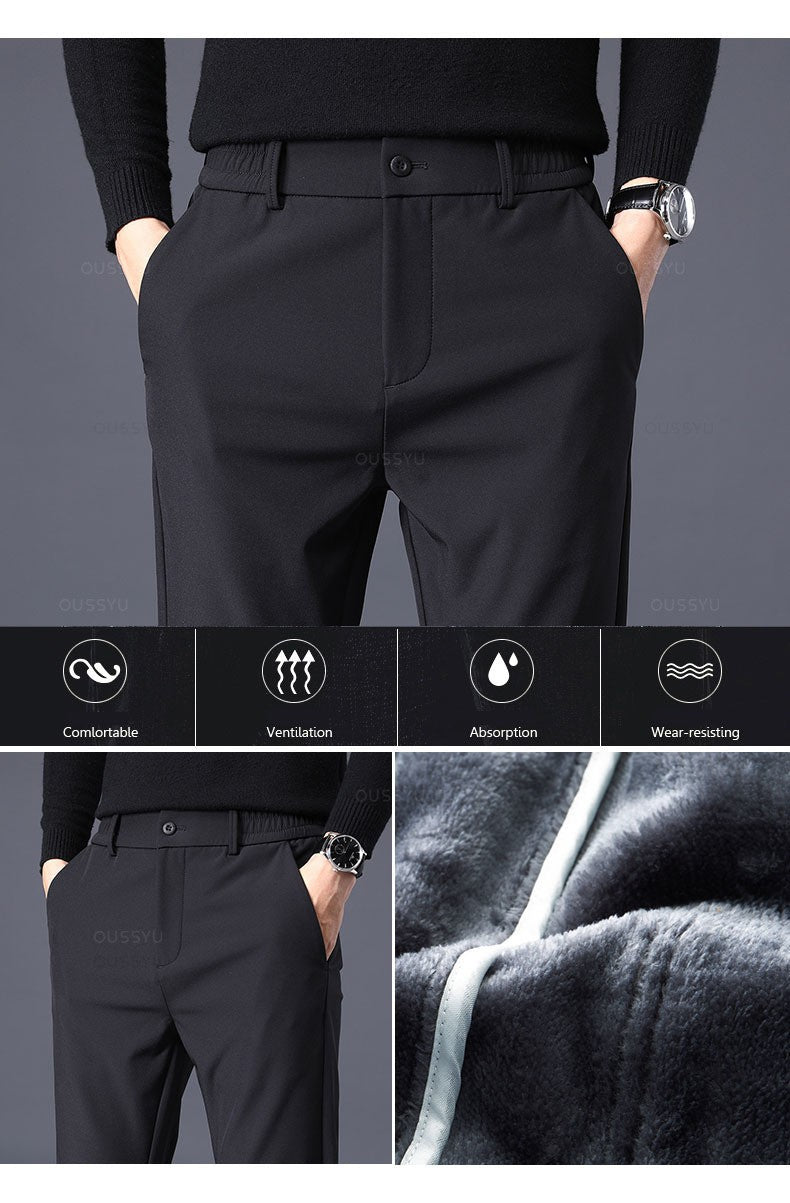 Winter Warm Men's Fleece Pants Thick Business Stretch Slim Fit Elastic Waist Jogger Korean Classic Black Gray Blue Trousers Male