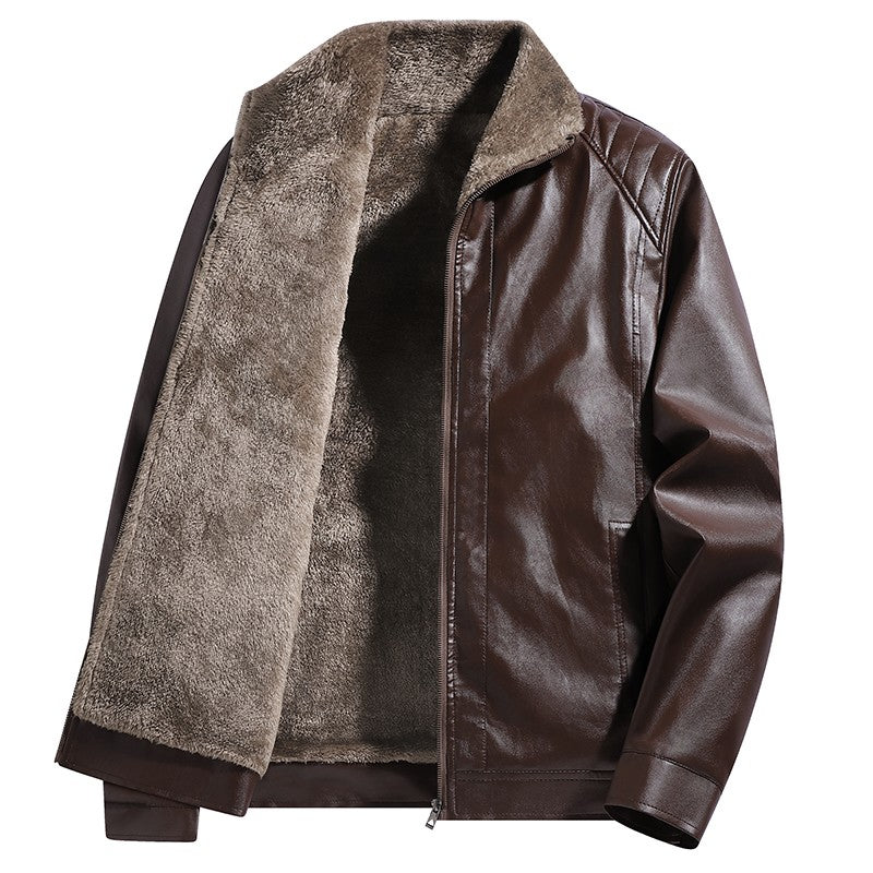 High-quality lapel and fleece leather jacket for men, fleece and thickened leather jacket for men, all-in-one fur dad coat