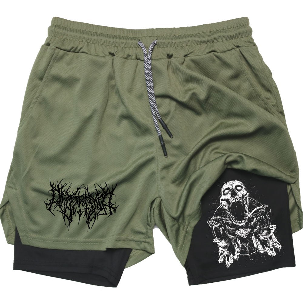 Shorts Men Quick-drying Fitness Skull Print Double Layer Shorts Workout Training Running Bodybuilding Sportwear