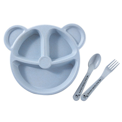 3-Piece Cute Divided Dining Plate for Children's Bowls Solid Color Fork Spoon Sucking Tableware Set with Wheat Material