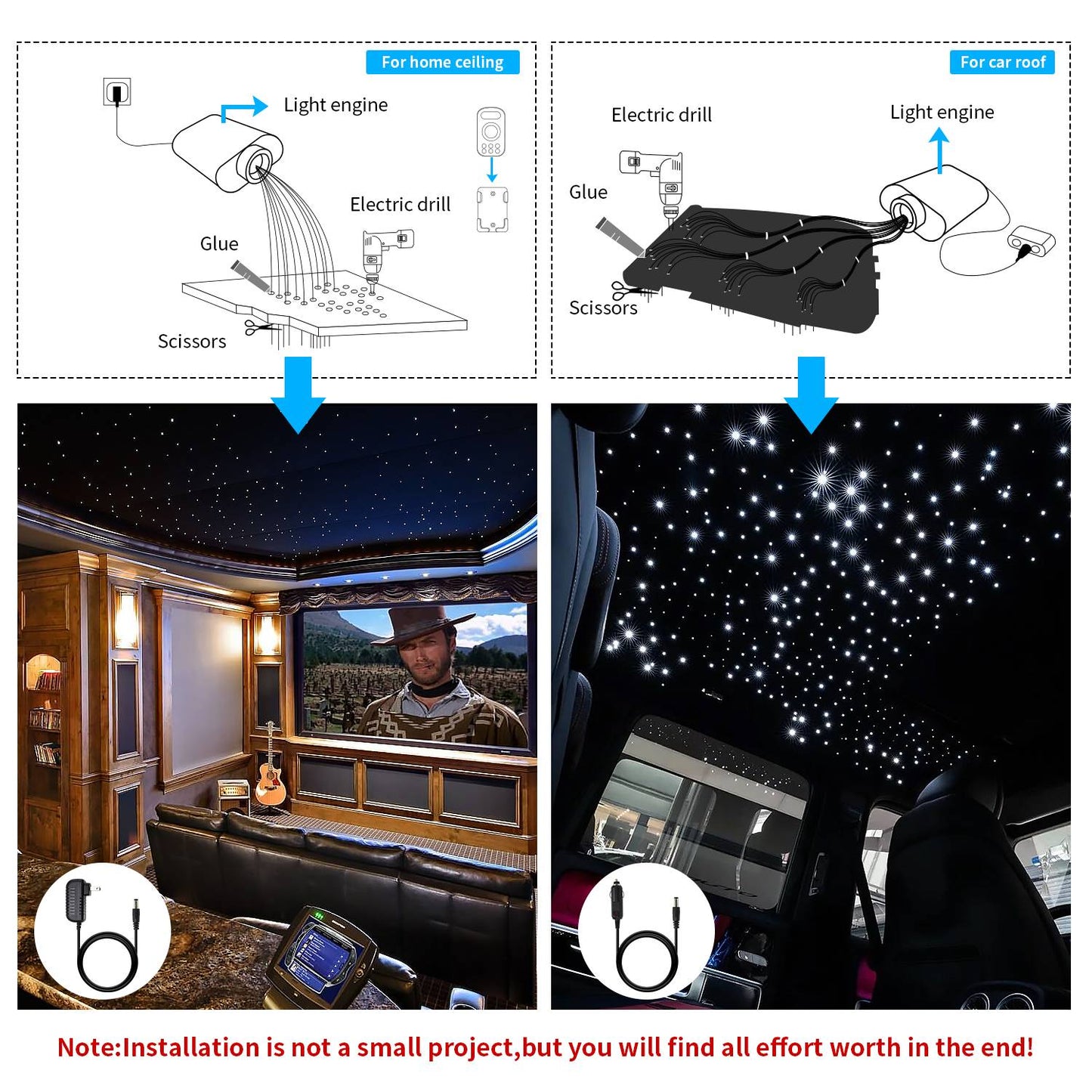 16W RGBW Fiber Optic Star Ceiling Light Kit Sound Activated APP Starry Sky Fiber Optic Light for Car roof Stars home decorating