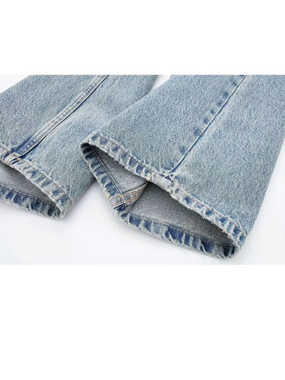 HH 2024 Women's Street Fashion Denim Blue Jeans Distressed Patchwork High Waist Zipper Fly Ripped Retro Long Pants