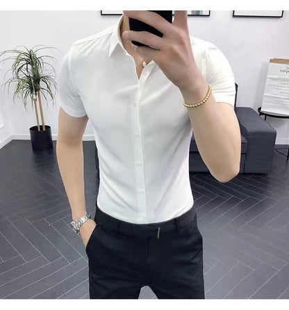 Korean Fashion Trend Casual Elastic Design Sense Short Sleeve Shirt Men's Solid Lapel Collar Button Breathable Simple Slim Tops