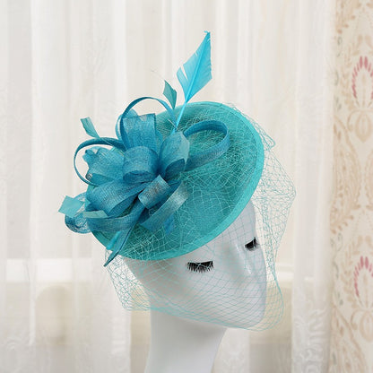 Chapéu de sol de aba grande com design de padrão de fio de cânhamo duplo, acessórios de pena, elegante chapéu de banquete, chapéu de praia para casamento ou férias, chapéu equestre