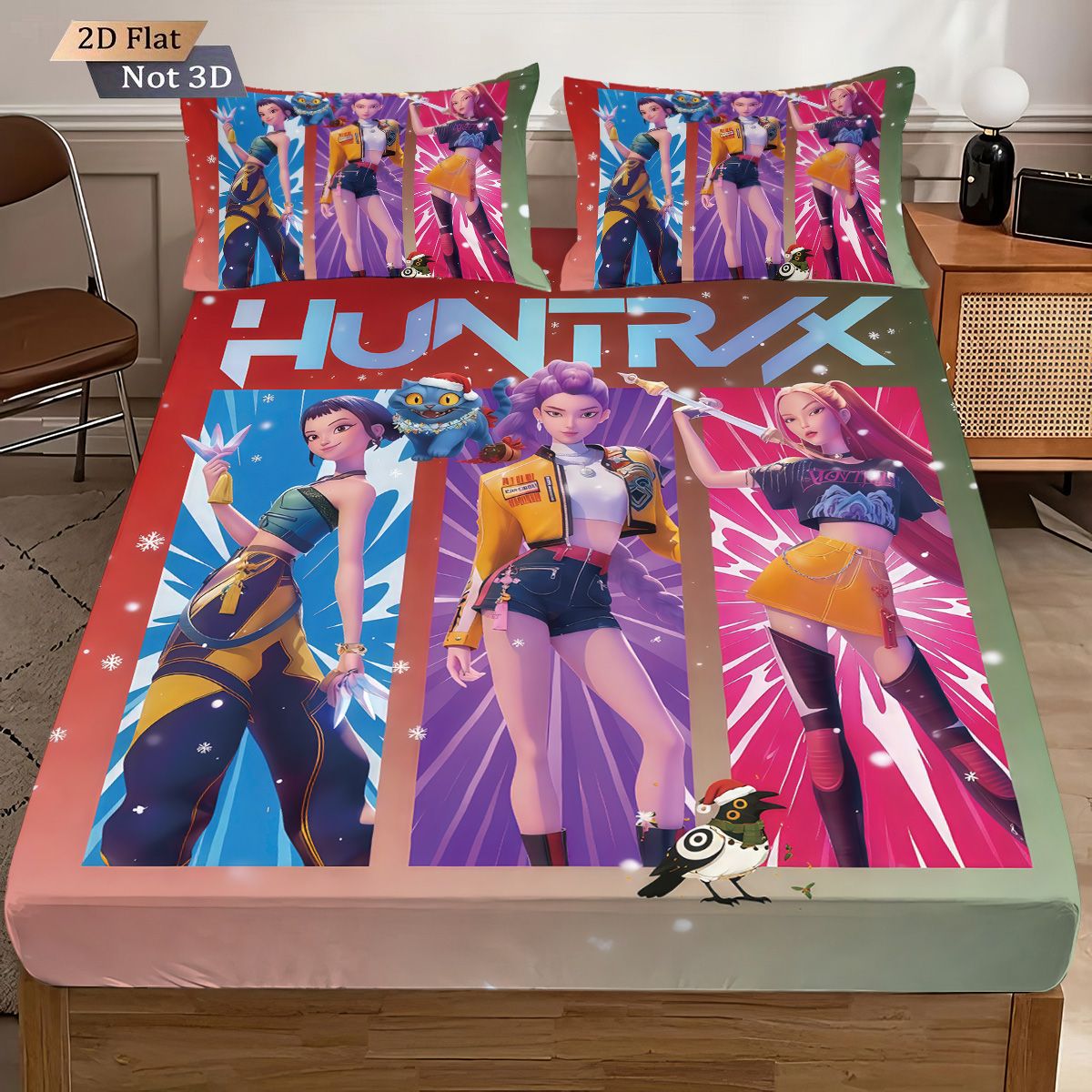 Conjunto de Lençóis Sem Lascas Estampados K-Pop Demon Hunters com 3 Peças e Vários Tamanhos de Capa de Cama Decoração de Cama Lavável à Máquina
