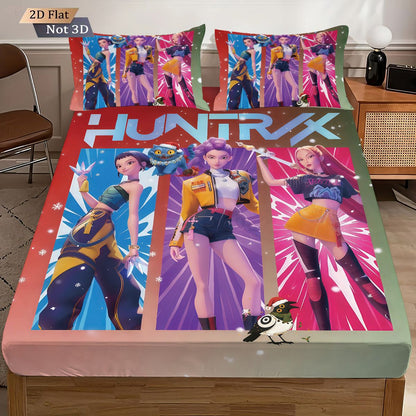 Conjunto de Lençóis Sem Lascas Estampados K-Pop Demon Hunters com 3 Peças e Vários Tamanhos de Capa de Cama Decoração de Cama Lavável à Máquina