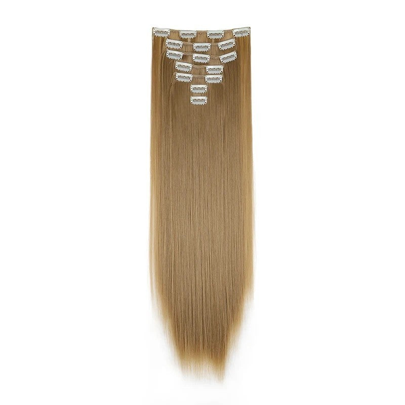 Aplique de Cabelo Sintético Liso Longo 24 Polegadas 7 Peças/Conjunto 16 Clipes Penteado Preto Loiro Extensões de Cabelo