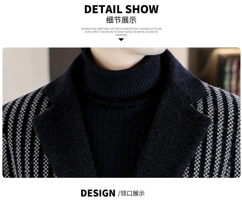 Classic Autumn Winter Men's Mid-Length Woolen Coats Casual Striped Overcoat Outwear Windbreaker Business Warm Long Jackets