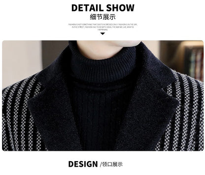 Classic Autumn Winter Men's Mid-Length Woolen Coats Casual Striped Overcoat Outwear Windbreaker Business Warm Long Jackets
