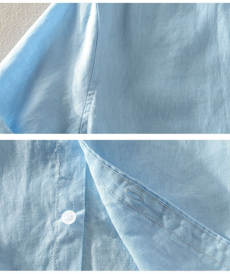100% Linen Short Sleeve Shirt Men Cotton Linen Clothing Top Casual Summer Half Sleeve Shirt Loose Style Square Collar