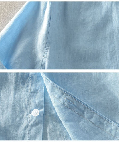 100% Linen Short Sleeve Shirt Men Cotton Linen Clothing Top Casual Summer Half Sleeve Shirt Loose Style Square Collar