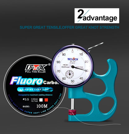 Linha de pesca FTK 100m 4.13-34.32LB Fluorcarbono Linha de Pesca de Iscas de Fibra de Carbono Leader Linha de Pesca com Mosca Linha Super Macia Pesca