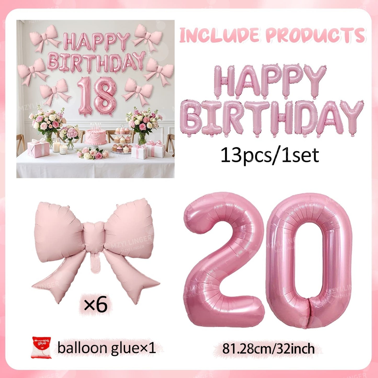 Pink Bow Birthday Balloon Happy Birthday Letter Balloon Used for Wedding, Valentine's Day, Birthday, Proposal Decoration Decor