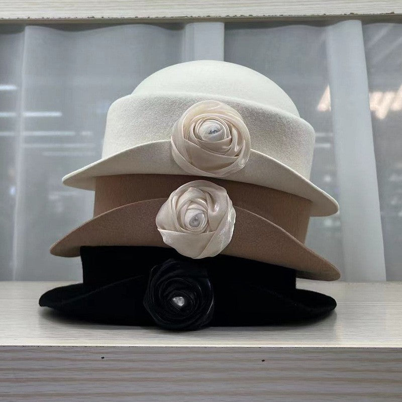 French light luxury Australian wool felt hat Hepburn style camellia flower small brim basin hat women elegant banquet top hat