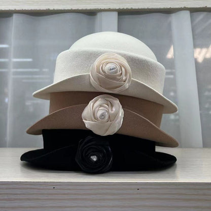French light luxury Australian wool felt hat Hepburn style camellia flower small brim basin hat women elegant banquet top hat