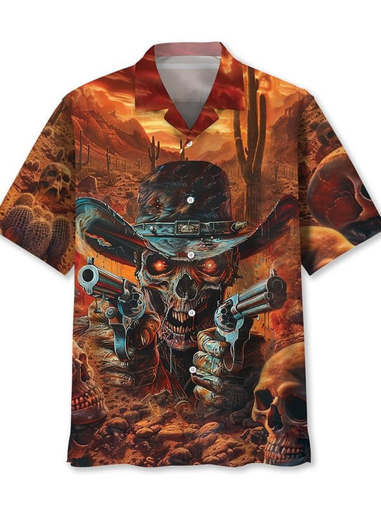 Men's Shirt Summer Casual Fashion Short Sleeve 3D Printed Denim Skull Gun Print Men's Hawaiian Lapel Single Breasted Shirt