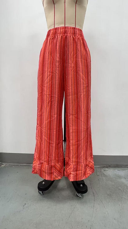 Fashion Printed Striped Wide-leg Long Pants Women's New Spring Autumn Loose Casual High-waisted Slimming Beach Long Pants Female