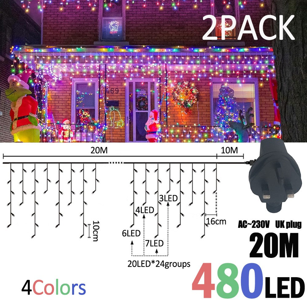 LED Christmas Icicle Curtain String Lights 20M+10M 480LED Extens 8Modes, Plug in Waterproof for Wedding Party Home Garden