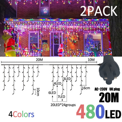 LED Christmas Icicle Curtain String Lights 20M+10M 480LED Extens 8Modes, Plug in Waterproof for Wedding Party Home Garden