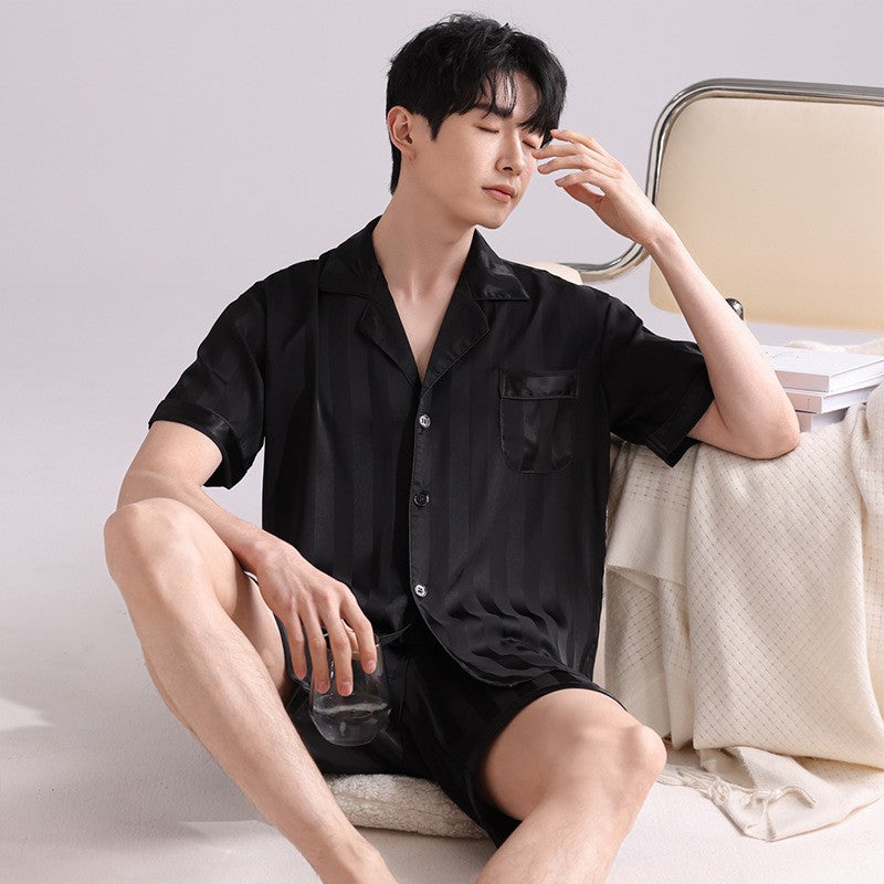 Ice Silk Pajamas Men's Spring and Summer Light and Breathable Simulation Silk Satin Short-sleeved Shorts Youth Simple Loungewear
