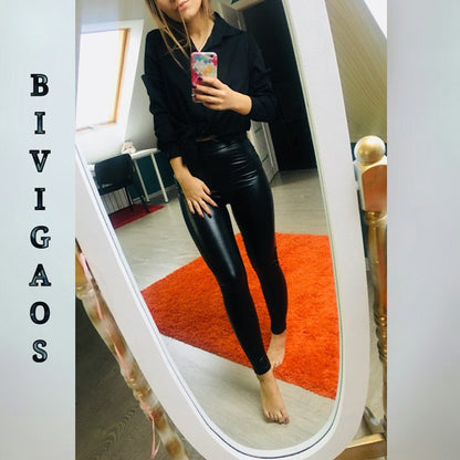 BIVIGAOS Fashion Women PU Leather Pants Elastic High Waist Winter Leggings Slim Velvet Leather Leggings Skinny Fleece Trousers
