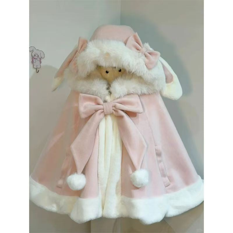 2025 Winter New Lolita Shawl Overcoat Women Design Bow Hooded Patchwork Kawaii Cope Coat Female Warm Chic Sweet Christmas Coat