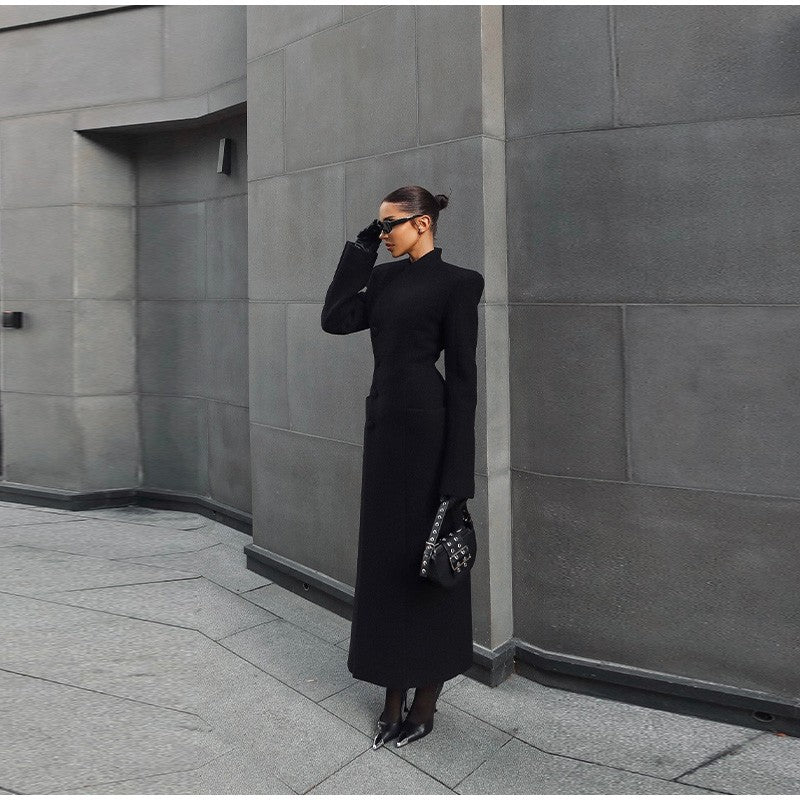 Black Tailored Long Coat Women Elegant Asymmetric Button Front Pockets Full Sleeve Criss-cross Neck Jacket 2025 Casual Outerwear