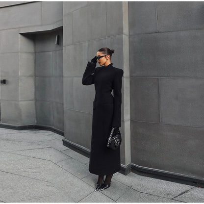 Black Tailored Long Coat Women Elegant Asymmetric Button Front Pockets Full Sleeve Criss-cross Neck Jacket 2025 Casual Outerwear