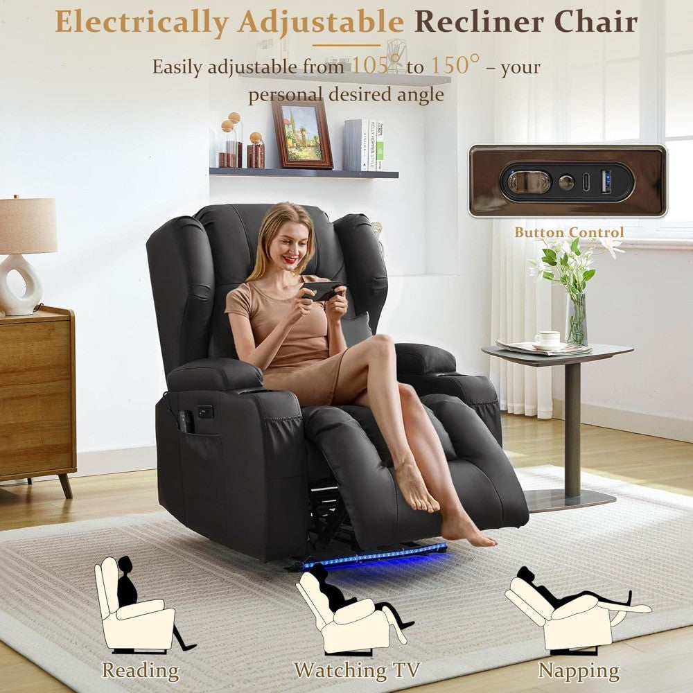 Recliner Chair for Adults, Power Reclining Sofa Chair Home Theater Seating with Vibration Massage and Heat, LED Ambient Light