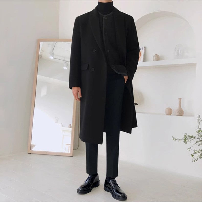 Mauroicardi Autumn Winter Long Warm Camel Black Woolen Coat Men Double Breasted Korean Style Wool Blends Overcoat with Back Slit