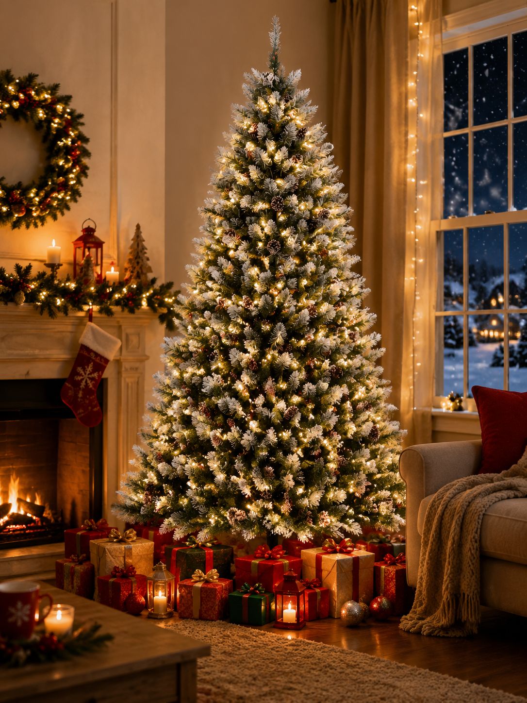 Pre-Lit Flocked Artificial Christmas Tree 6‘/9’ with Warm White LED Lights, Realistic Pine Branches, Snow Covered Xmas Tree, Slim Space Saving Design, Sturdy Metal Stand, Indoor Outdoor Holiday Decoration