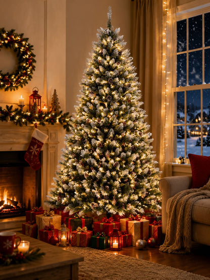 Pre-Lit Flocked Artificial Christmas Tree 6‘/9’ with Warm White LED Lights, Realistic Pine Branches, Snow Covered Xmas Tree, Slim Space Saving Design, Sturdy Metal Stand, Indoor Outdoor Holiday Decoration