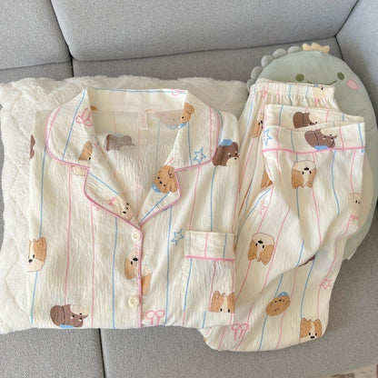 Harajuku Style Kawaii Sweet Loungewear 2 PC Set Line Star Dog Print Cute Casual Women's Pajamas Autumn Long New Fashion Homewear