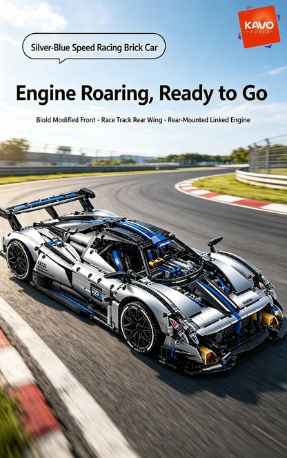 KAVOWORLD 1:8 Scale Silver-Blue Technical Super Racing Sports Car Building Blocks Set 3526pcs DIY STEM Assembly Premium ABS Racing Car Building Bricks Toy Model with Rear Linkage Engine & Track Wing, Ideal Birthday Christmas Gift for Teens Adults