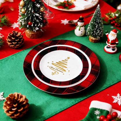 Conjunto de 100 Pratos de Plástico de Natal para Convidados 50 x 7.5 Sobremesa Descartável 50 x 10.25 Pratos de Natal Árvore de Natal Servir Jantar