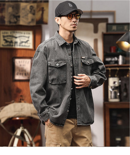 Men's Heavyweight Washed Salt-Faded Long Sleeve Denim Shirt Japanese Retro Loose Cargo Shirt Jackets Chest Pocket Man Outwear