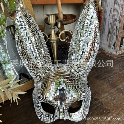 Disco Mirror Bunny Mask Sparkling Costume Accessory For Women Teens Halloween Party Rave Cosplay Glam Sexy Club Night Photo Prop