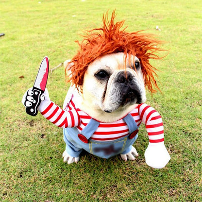 Roupas de Halloween para cães de estimação, cães segurando uma faca, fantasia de Natal, roupa divertida para gatos de estimação, cosplay, vestuário para cães pequenos e médios