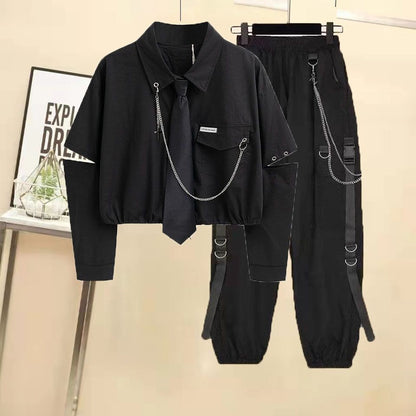 Unisex Student Workwear Outfit, Baggy Black Cargo Pants Set with White Short Shirt, Korean Loose Fit Street Style 2PC Coords