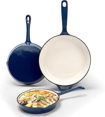 Enameled Cast Iron Cookware Set - 8-Inch Skillet, 9.5-Inch Frying Pan, and 11-Inch Cookware for Healthy Cooking