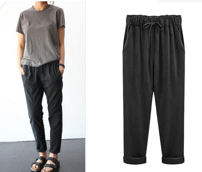 Cotton Linen Pants, Elastic Mid Waist Ankle Length Pant, Casual Women Loose Spring Pants, Female Slacks Size M-5XL 6XL 7XL 8XL